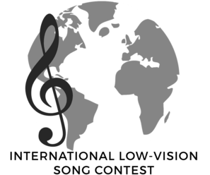 Illustration: eine Weltkugel, davor ein Notenschlüssel, darunter der Text "INTERNATIONAL LOW-VISION SONG CONTEST"