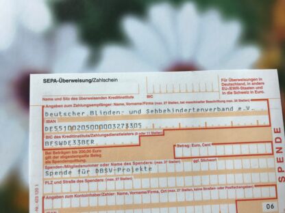 Das Bild zeigt einen Spendenzahlschein auf dem im Überweisungszeck "Spende für DBSV-Projekte" aufgedruckt ist. Im Hintergrund sieht man verschwommene Blumen.