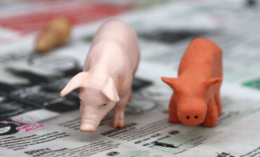 Das Bild zeigt zwei Schwein-Figuren. Das erste Schwein ist eine naturgetreue Tierfigur aus Hartgummi. Das zweite Schwein wurde selbst modelliert.