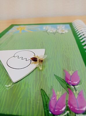 Abbildung einer Tastseite: eine Wiese mit Blumen und darauf eine Drehscheibe mit einer Biene und der grafischen Darstellung des Schwänzeltanzes.