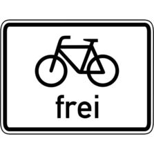 Zusatzzeichen 1022-10 “Radfahrer frei“ nach StVO / Rechteckiges weißes Schild mit einem Piktogramm eiens Fahrrades unter dem das Wort "frei" steht